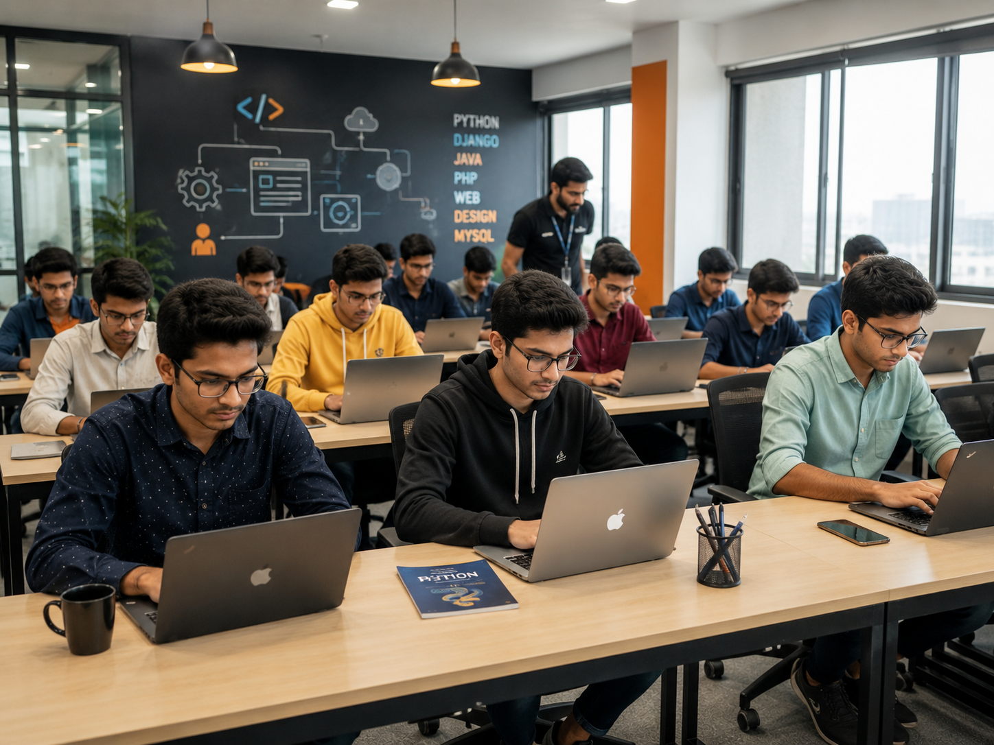 Students learning web development with a trainer in a classroom