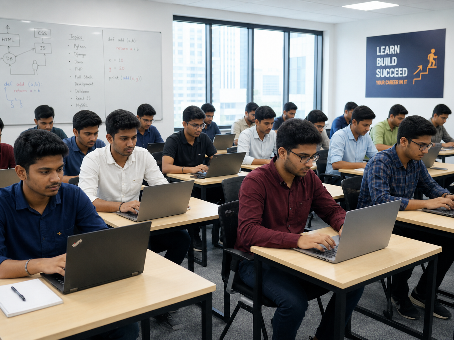 Students practicing coding on laptops in a training classroom